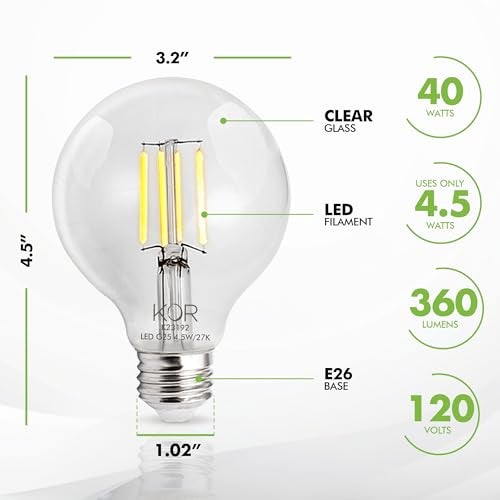 KOR 4 Pack 45W 40W Equivalent Clear G25 Globe Led Light Bulbs 2700K Warm White Dimmable Filament Vintage LED Globe E26 Base Dimmable for Bathroom Vanity Bedroom Pendant - Image 3