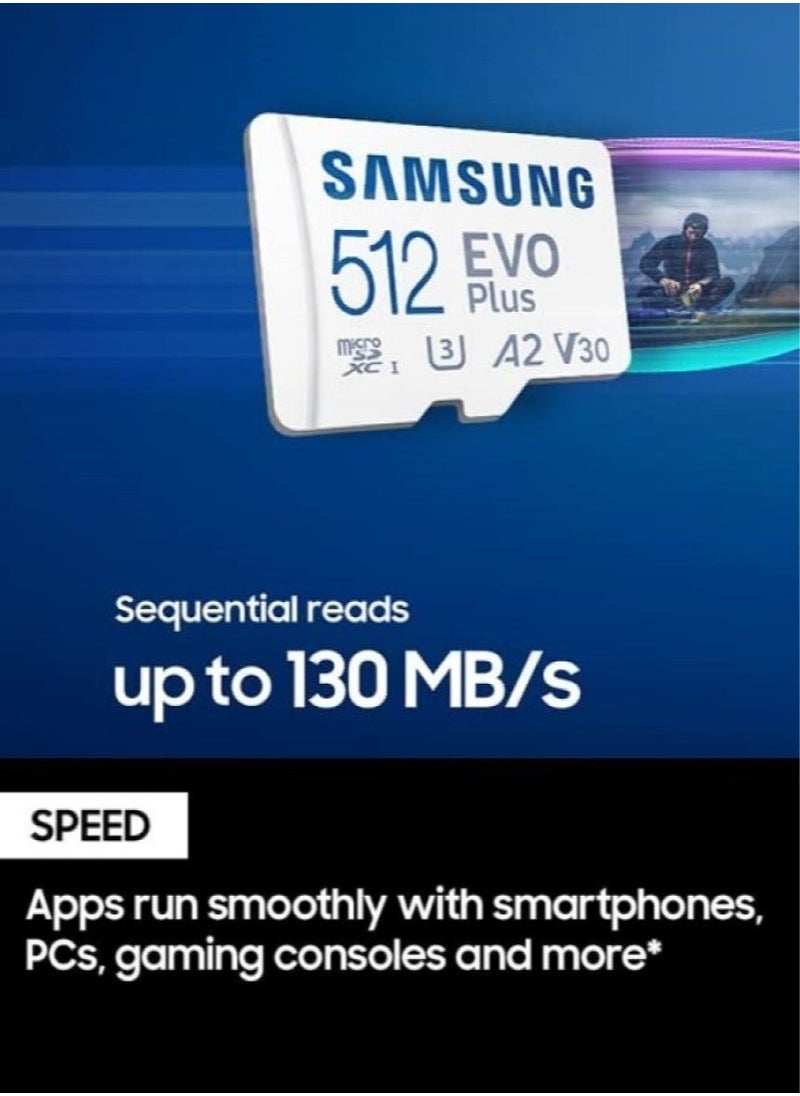 Generic - بطاقة ذاكرة Samsung EVO Plus SD بسعة 512 جيجابايت مع محول بطاقة ذاكرة Micro SD بسعة تخزين موسعة تصل إلى 130 ميجابايت/ثانية لأجهزة PS5 PS4 Switch والألعاب والأجهزة اللوحية والهواتف الذكية والكاميرات وكاميرات الأمان وكاميرا GoPro وDash Cam بسعة 512 جيجابايت - Image 1