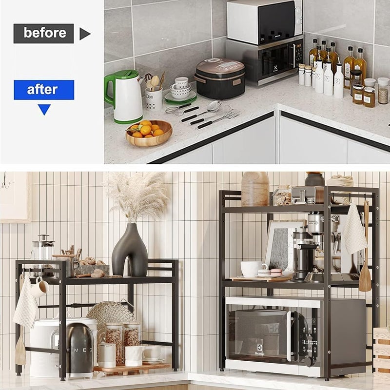 HI-FINE Microwave Oven Rack, Expandable Microwave Stand Countertop Kitchen Utensils Tableware Storage, Carbon Steel Over Microwave Shelf Countertop with 6 Hooks (2 Tier/Black) - Image 5