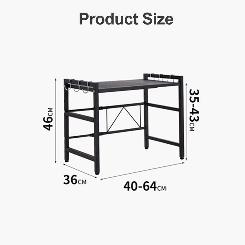 HI-FINE Microwave Oven Rack, Expandable Microwave Stand Countertop Kitchen Utensils Tableware Storage, Carbon Steel Over Microwave Shelf Countertop with 6 Hooks (2 Tier/Black) - Image 3