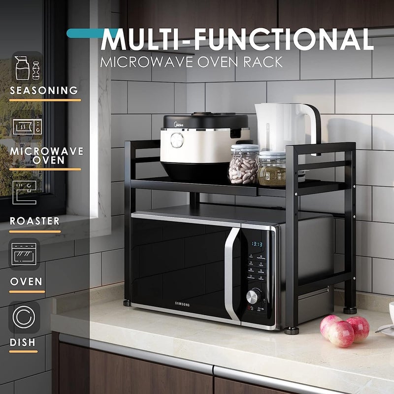 HI-FINE Microwave Oven Rack, Expandable Microwave Stand Countertop Kitchen Utensils Tableware Storage, Carbon Steel Over Microwave Shelf Countertop with 6 Hooks (2 Tier/Black) - Image 4