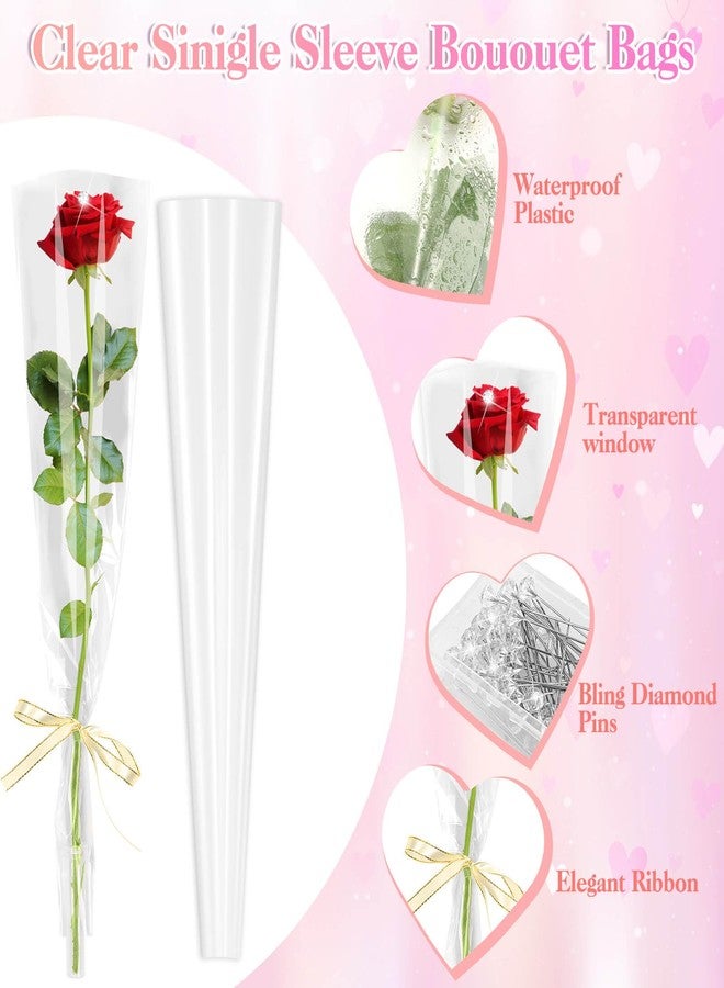 Tetutor 100 Pcs Single Rose Sleeve with Floral Water Tubes, Flower Water Tubes with Single Flower Sleeve, Diamond Pins and Ribbon, Flower Wrapping Bags for Valentine's Day, Flower Bags for Bouquets Valentine's Day Mother's Day - Image 3