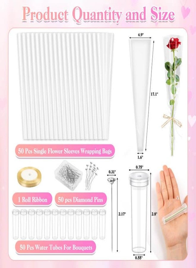 Tetutor 100 Pcs Single Rose Sleeve with Floral Water Tubes, Flower Water Tubes with Single Flower Sleeve, Diamond Pins and Ribbon, Flower Wrapping Bags for Valentine's Day, Flower Bags for Bouquets Valentine's Day Mother's Day - Image 4