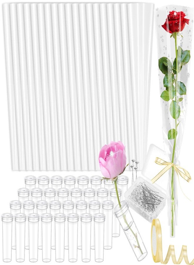 Tetutor 100 Pcs Single Rose Sleeve with Floral Water Tubes, Flower Water Tubes with Single Flower Sleeve, Diamond Pins and Ribbon, Flower Wrapping Bags for Valentine's Day, Flower Bags for Bouquets Valentine's Day Mother's Day - Image 1