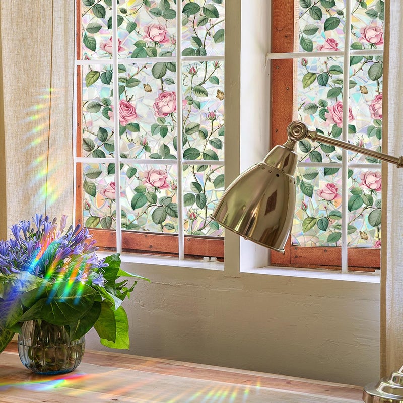 Yeysynana Window Film, Decorative Flower Window Privacy Film, Pink Rose Floral Double Sided Static Glass Window Clings Stickers for Home Office Living Room Bathroom Room Glass Windows Door Decor - Image 4