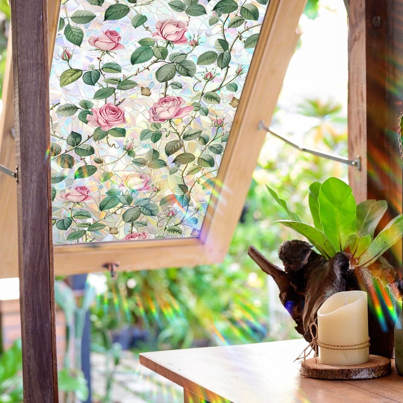 Yeysynana Window Film, Decorative Flower Window Privacy Film, Pink Rose Floral Double Sided Static Glass Window Clings Stickers for Home Office Living Room Bathroom Room Glass Windows Door Decor - Image 2