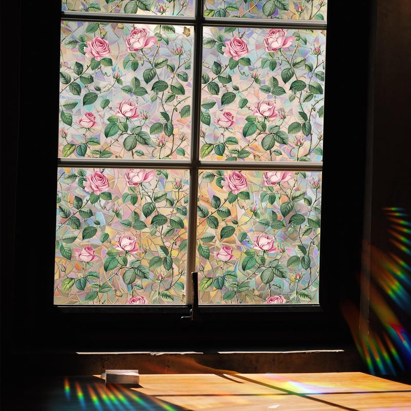 Yeysynana Window Film, Decorative Flower Window Privacy Film, Pink Rose Floral Double Sided Static Glass Window Clings Stickers for Home Office Living Room Bathroom Room Glass Windows Door Decor - Image 5