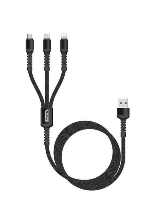Fast charging cable for all types of mobile phones, from Type USB to Type C, micro, and Lightning IP cable for iPhone, made of cut-resistant braided fabric, length 1.2 meters, black color, 3 Amp.