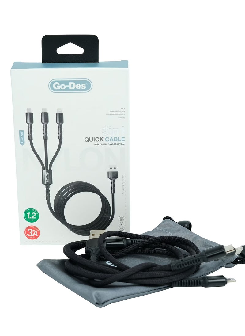 GO-DES - Fast charging cable for all types of mobile phones, from Type USB to Type C, micro, and Lightning IP cable for iPhone, made of cut-resistant braided fabric, length 1.2 meters, black color, 3 Amp. - Image 1