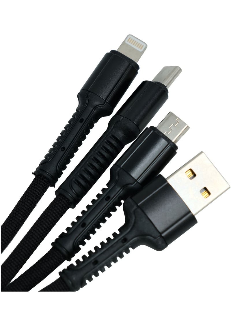 GO-DES - Fast charging cable for all types of mobile phones, from Type USB to Type C, micro, and Lightning IP cable for iPhone, made of cut-resistant braided fabric, length 1.2 meters, black color, 3 Amp. - Image 1