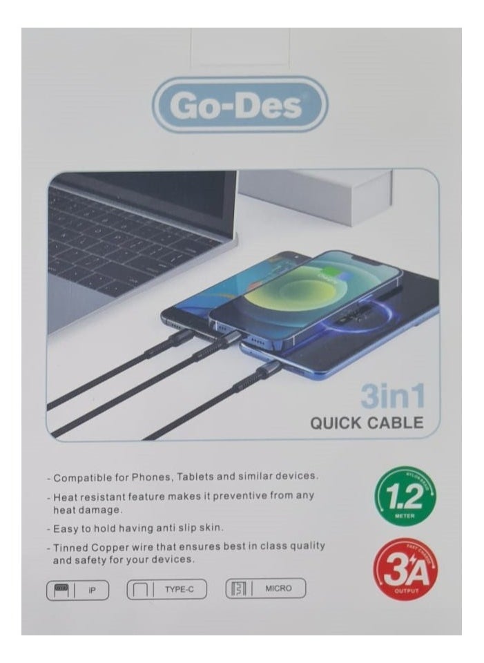 GO-DES - Fast charging cable for all types of mobile phones, from Type USB to Type C, micro, and Lightning IP cable for iPhone, made of cut-resistant braided fabric, length 1.2 meters, black color, 3 Amp. - Image 1