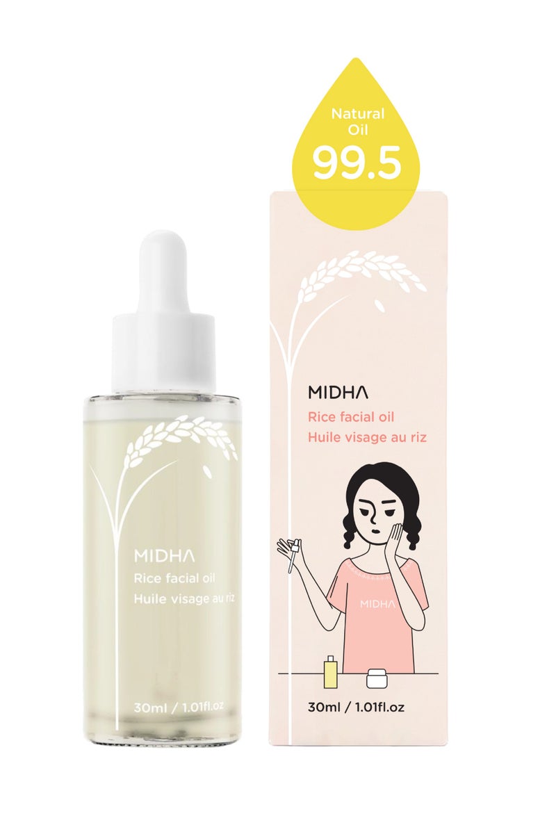 MIDHA Rice Facial Oil 30ml delivers deep hydration and a radiant glow while helping to restore skin’s natural balance.  Its lightweight formula absorbs quickly, leaving no greasy residue—just smooth, nourished, and healthy-looking skin. - Image 2