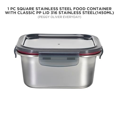 Peggy Oliver Everyday Stainless Steel Food Container With Classic PP Lid 316 Stainless Steel (1450 ml) | Square | Airtight & Leak-Proof | BPA-Free | Microwave & Dishwasher Safe | Ideal for Regular Use - Image 2