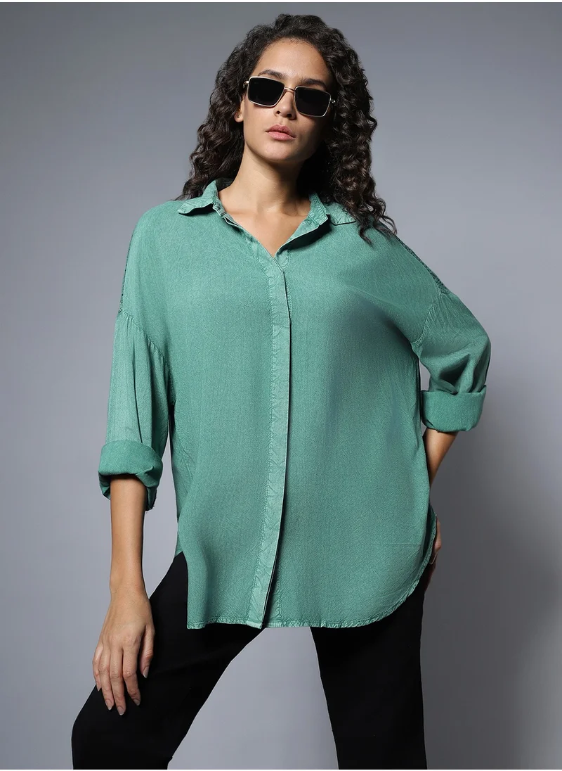 هاي ستار Forest Green Oversized Solid Longline Shirt for Women, Spread Collar, Full Sleeves