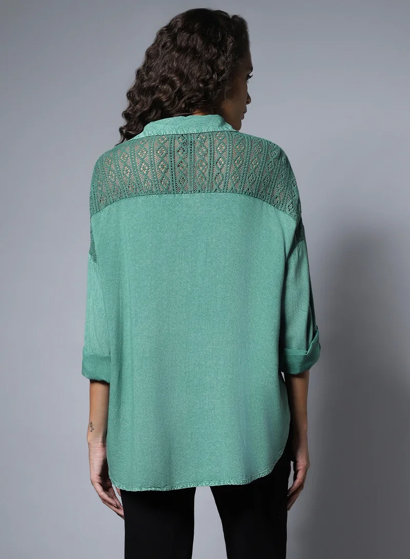 HIGH STAR Forest Green Oversized Solid Longline Shirt for Women, Spread Collar, Full Sleeves