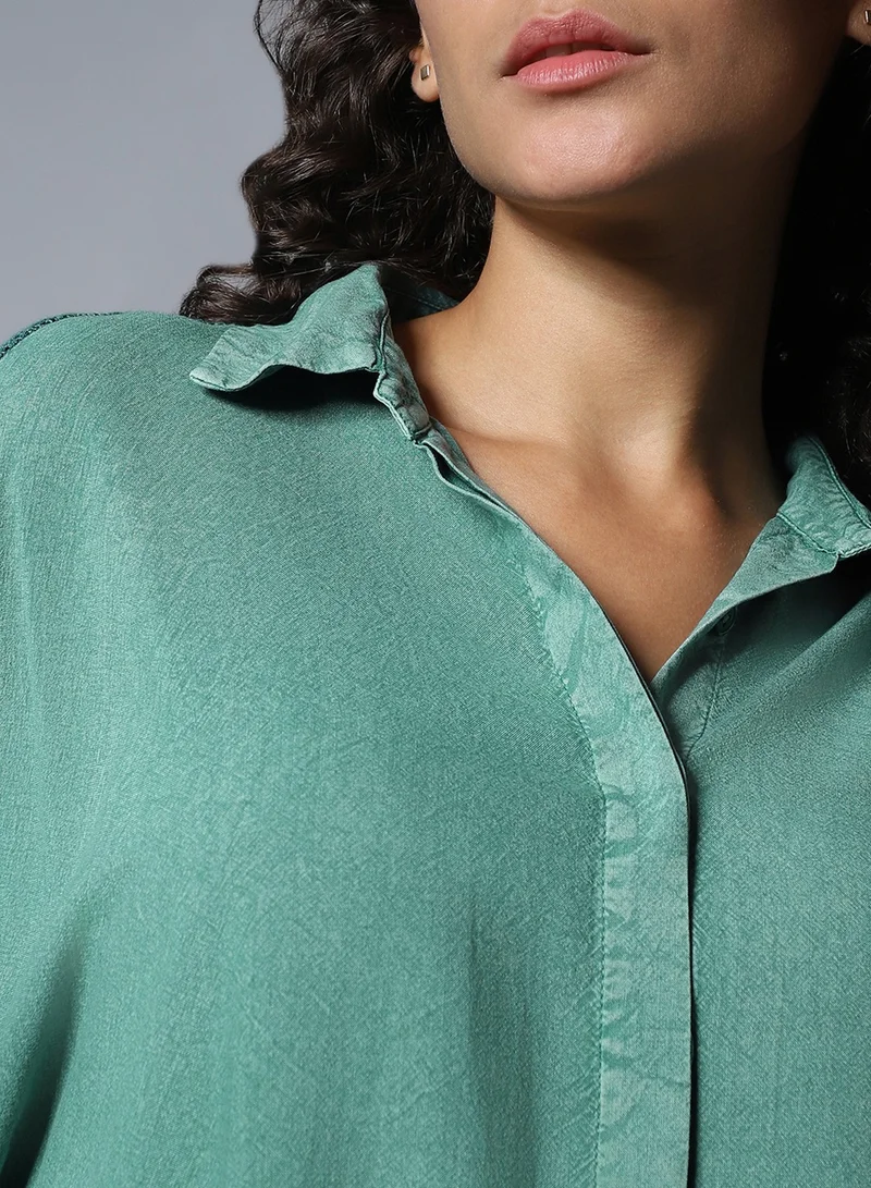 HIGH STAR Forest Green Oversized Solid Longline Shirt for Women, Spread Collar, Full Sleeves