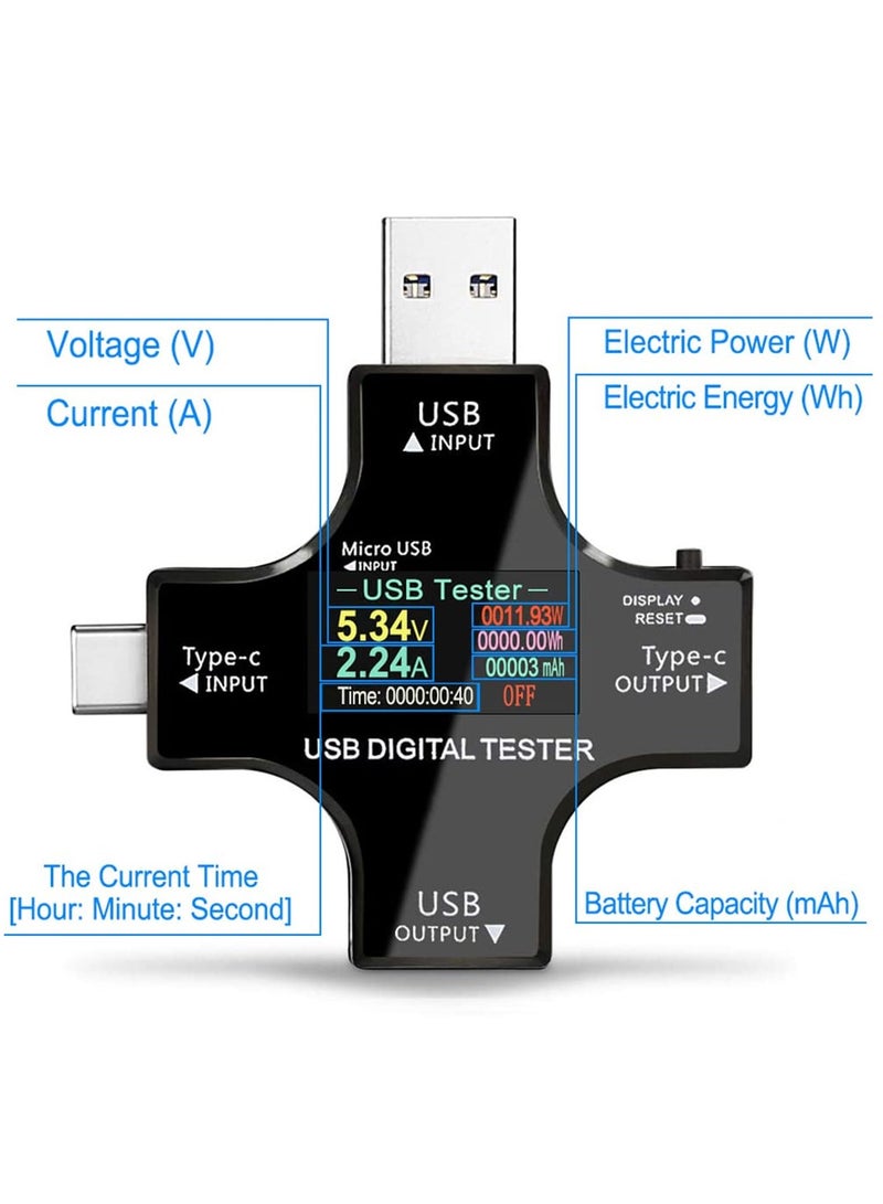 USB-C Power Meter Tester 2-in-1 | IPS Color Screen Digital Multimeter | Voltage & Current Detector | Type-C Voltmeter Ammeter | 3.6–32V, 0–5.1A Charger Indicator