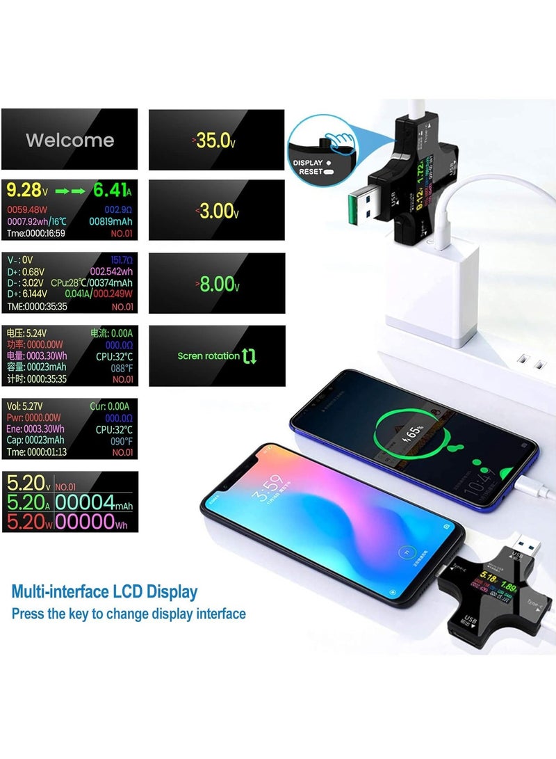 USB-C Power Meter Tester 2-in-1 | IPS Color Screen Digital Multimeter | Voltage & Current Detector | Type-C Voltmeter Ammeter | 3.6–32V, 0–5.1A Charger Indicator