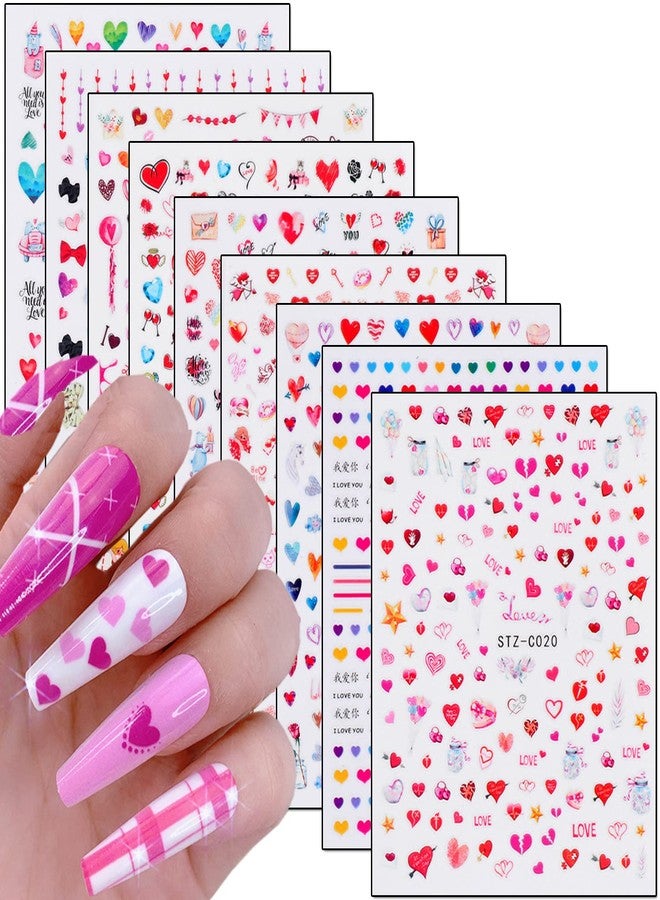 TBRZTR Love Heart Nail Art Stickers, Colorful Hearts Nail Decals 3D Self-Adhesive Nail Sticker Design Holographic Valentine's Day Love Nail Art Supplies for Women Girls Manicure Charms Decoration(9 Sheets) - Image 1