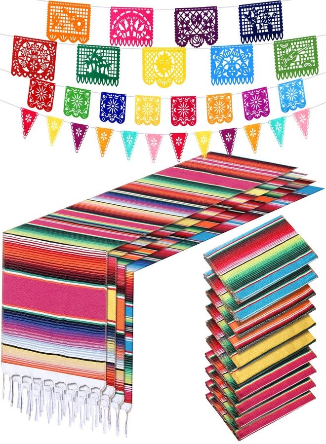 Tegeme 10 Pack 14 x 84 in Mexican Serape Table Runners, 29 Pcs Papel Picado Banner, Fiesta Hanging Banner and Pennant Flag Banner Colorful Bunting Banner for Mexican Theme Party (Rose, Blue, Orange, Yellow) - Image 1