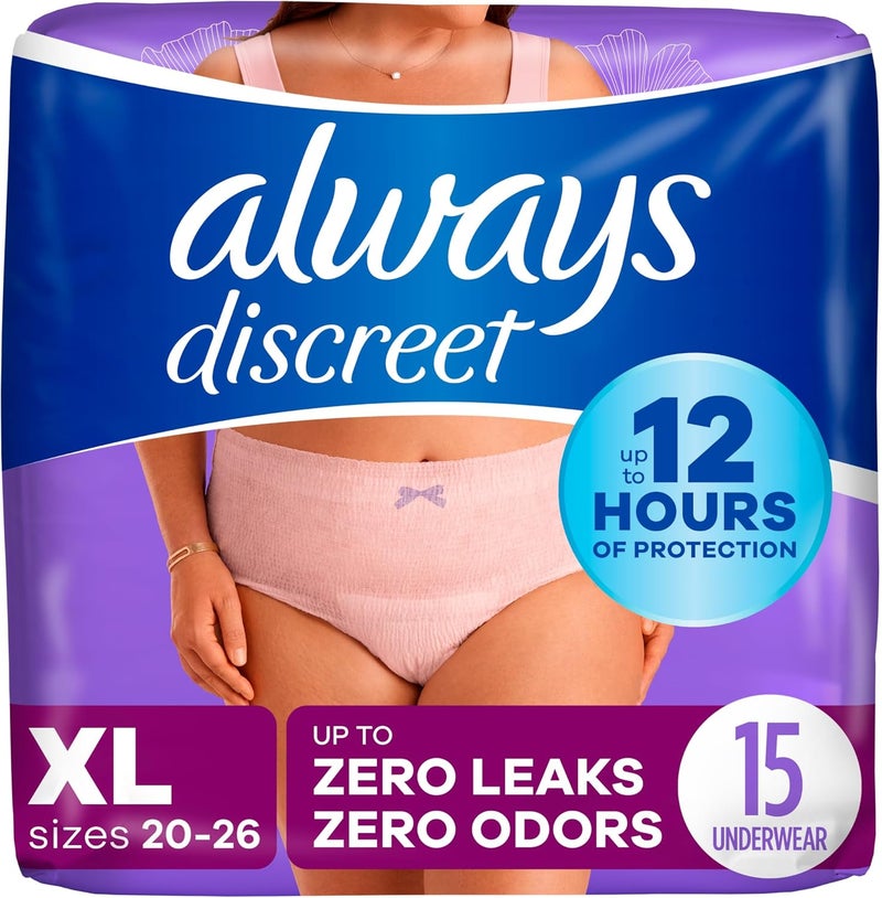 Always Discreet Adult Incontinence & Postpartum Underwear for Women, Classic Cut, Size X-Large, Maximum Absorbency, Disposable, 15 Count (Pack of 1) (Packaging May Vary)
