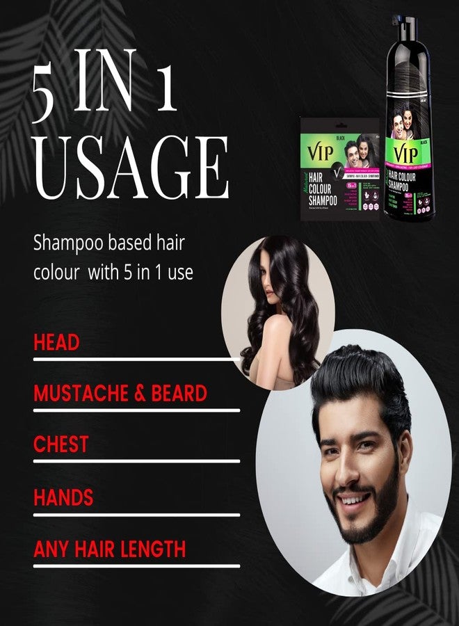 VIP 5 in 1 Hair Color Shampoo (400ml Bottle + 2 Sachets) (black) For Hairs, Mustache, Beard, Chest & hands, Ammonia Free Instant Hair Colour Can be Applied with Bare Wet hands - Image 4