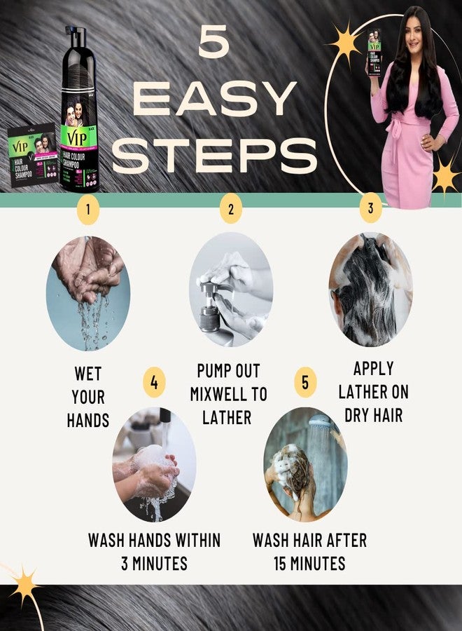 VIP 5 in 1 Hair Color Shampoo (400ml Bottle + 2 Sachets) (black) For Hairs, Mustache, Beard, Chest & hands, Ammonia Free Instant Hair Colour Can be Applied with Bare Wet hands - Image 5