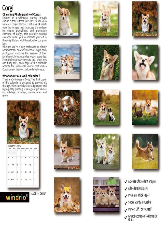 windrio 2026 Wall Calendar, November 2025 - December 2026, Wall Calendar Corgis, 12" x 24" Opened,Full Page Months Thick & Sturdy Paper for Calendar Organizing & Planning - Image 2