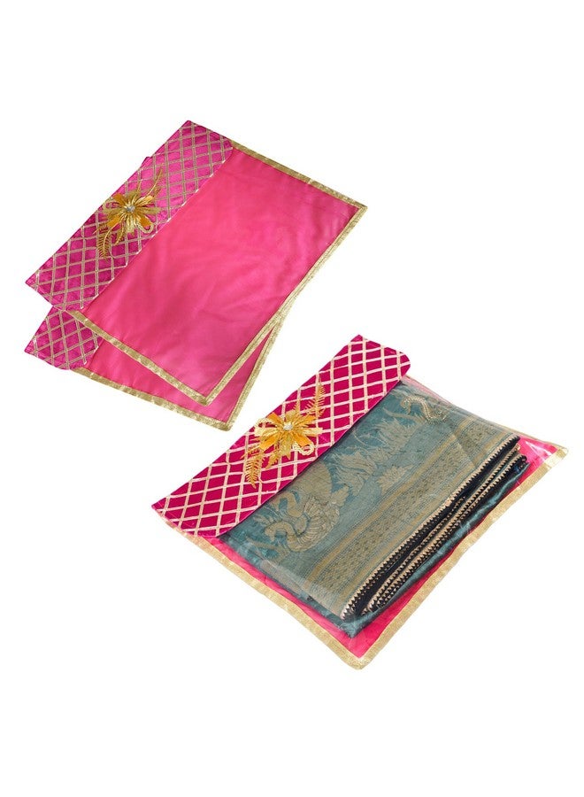 Kuber Industries Saree Cover | Clothes Storage Bag | Single Packing Saree with Velcro | Wardrobe Organizer | Cloth Stoarge Organizer | Check Jama Brooch-Design | Pack of 3 | Pink - Image 1