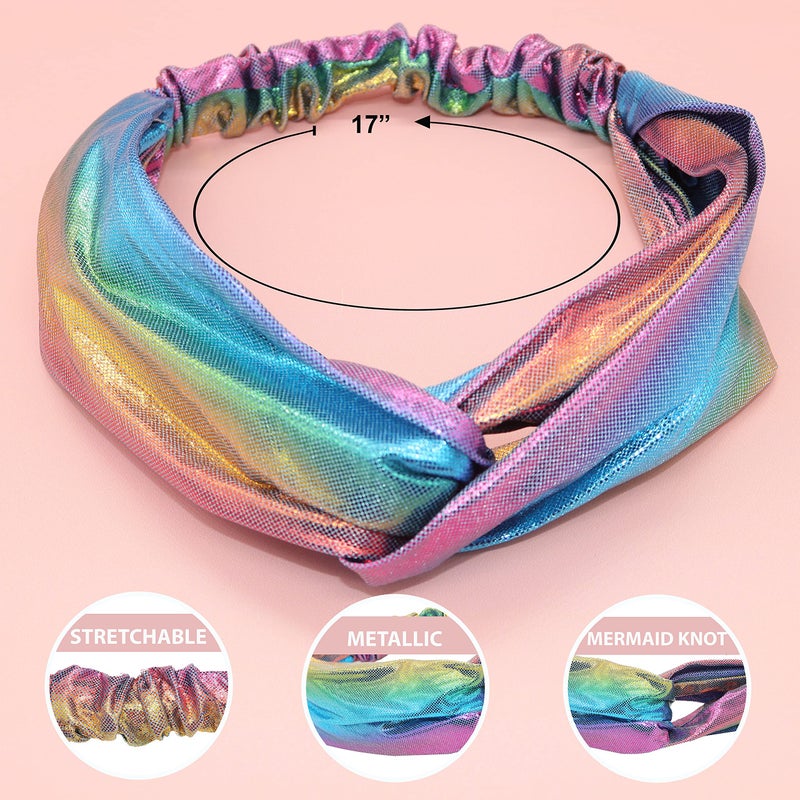 FROG SAC 6 Mermaid Knotted Headbands For Girls, Little Girl Hair Accessories, Kids Knot Headwraps, Criss Cross Tie Dye Head Bands, Metallic Rainbow Turban Hair Bands - Image 4