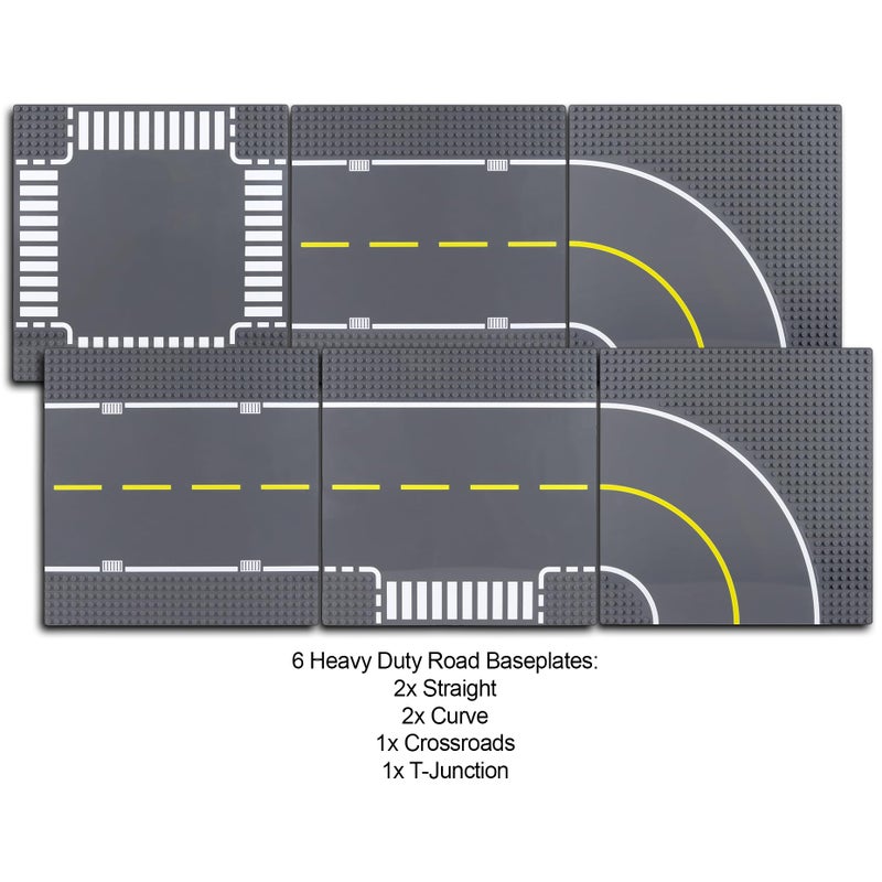Apostrophe Games Road Baseplate - Premium Building Blocks Base Plates Compatible with All Major Brands - 6pcs Baseplate Gray with Road Design - Straight, Curve, Crossroad, T-Junction - Image 2
