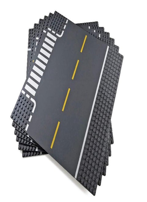 Apostrophe Games Road Baseplate - Premium Building Blocks Base Plates Compatible with All Major Brands - 6pcs Baseplate Gray with Road Design - Straight, Curve, Crossroad, T-Junction Gray Base Plates