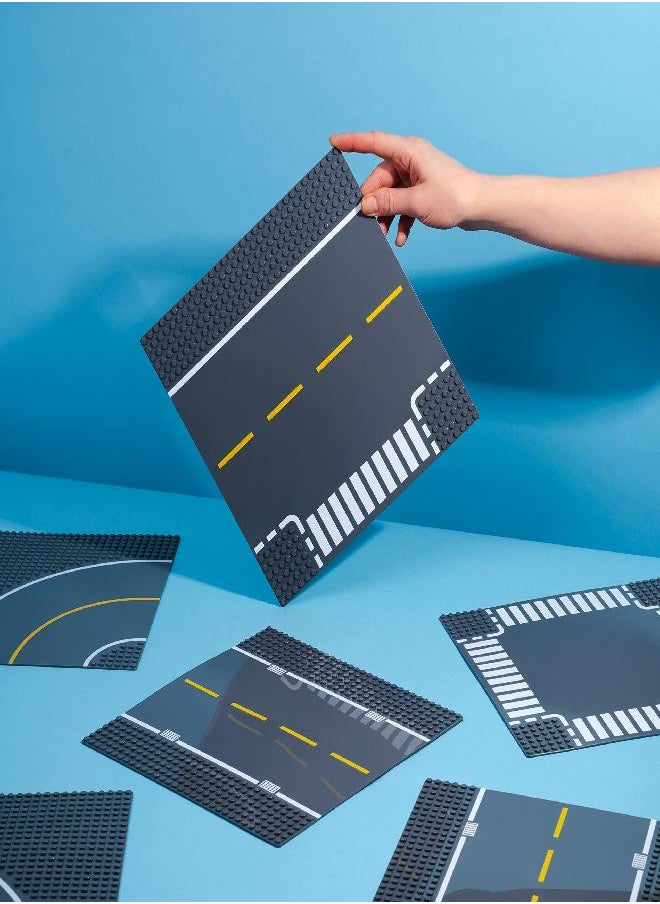 Apostrophe Games Road Baseplate - Premium Building Blocks Base Plates Compatible with All Major Brands - 6pcs Baseplate Gray with Road Design - Straight, Curve, Crossroad, T-Junction Gray Base Plates