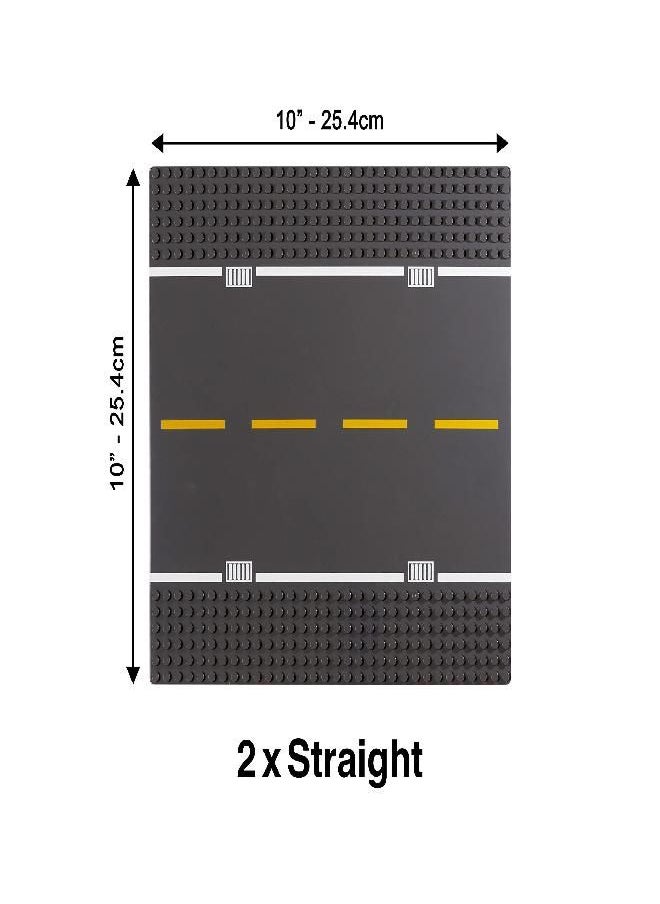 Apostrophe Games Road Baseplate - Premium Building Blocks Base Plates Compatible with All Major Brands - 6pcs Baseplate Gray with Road Design - Straight, Curve, Crossroad, T-Junction Gray Base Plates