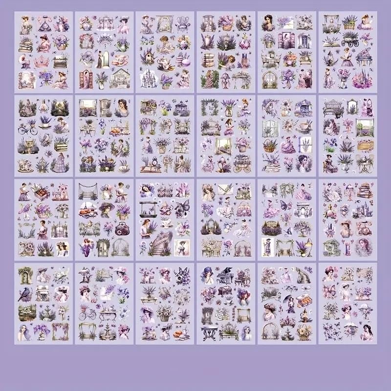 Invite Enterprise Invite 24 Sheets Vintage Theme Stickers - Elegant Victorian Girl Scrapbook Stickers, Floral Aesthetic Ephemera for Journals, Planners, Collage, and DIY Crafts [Pack of 1 - Purple Color] - Image 3