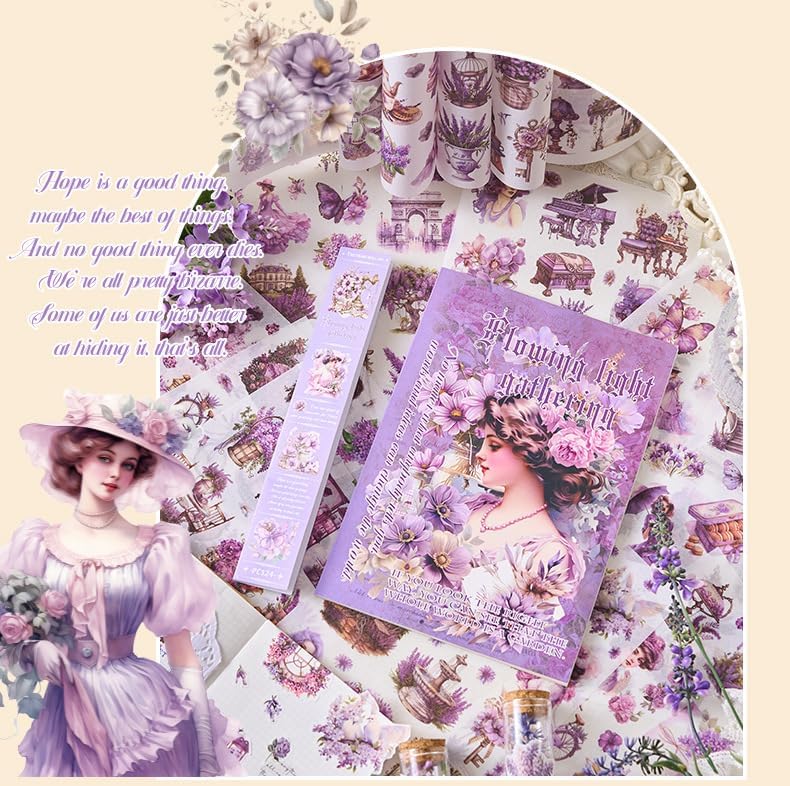 Invite Enterprise Invite 24 Sheets Vintage Theme Stickers - Elegant Victorian Girl Scrapbook Stickers, Floral Aesthetic Ephemera for Journals, Planners, Collage, and DIY Crafts [Pack of 1 - Purple Color] - Image 4