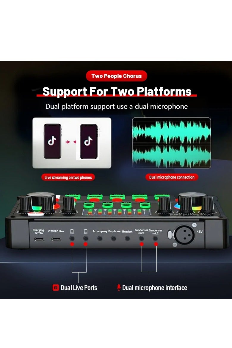 Sound Card RGB LED Wireless Bluetooth DJ Mixer Sound Card 20 Sound Effects Sound for Live Streaming 48V Microphone  - Image 2
