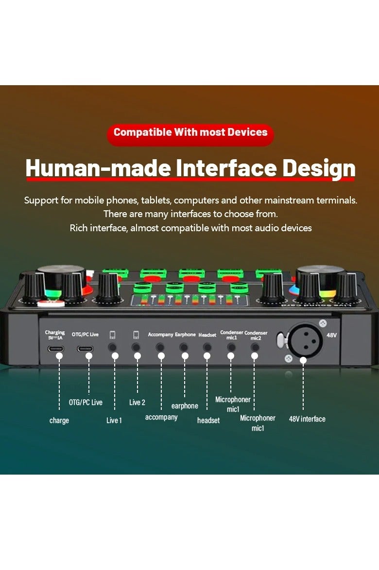Sound Card RGB LED Wireless Bluetooth DJ Mixer Sound Card 20 Sound Effects Sound for Live Streaming 48V Microphone  - Image 4