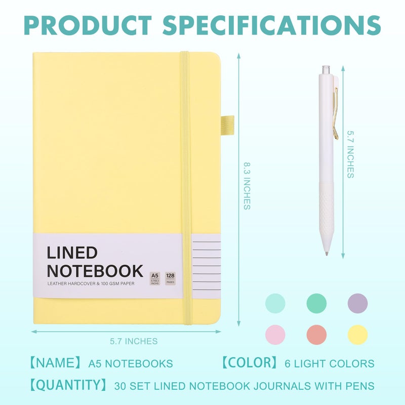Aodaer 30 Set Lined Notebook Journals with Pens A5 Notebooks 100 GSM College Ruled Hardcover Notebook PU Leather Notepad with Pen Holder for Office School, 5.7 x 8.3 Inches, Light Multicolor - Image 2