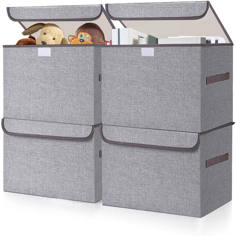 Bagnizer Large 22 Quart Linen Fabric Foldable Storage Bin Cube Organizer Basket with FlipTop Lid  Handles Clothes Blanket Box for Home Office Closet Gray 4 Pack 146 x 95 x 95
