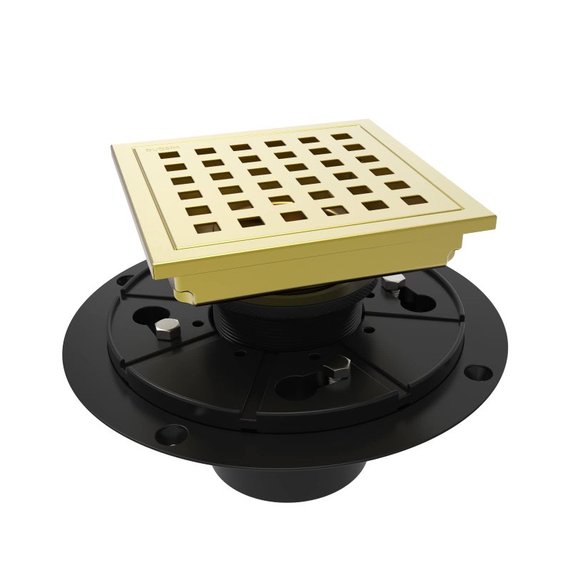 WEBANG 4 Inch Square Shower Floor Drain with FlangeQuadrato Pattern Grate RemovableFoodGrade SUS 304 Stainless SteelWatermarkCUPC Certified Brushed Gold