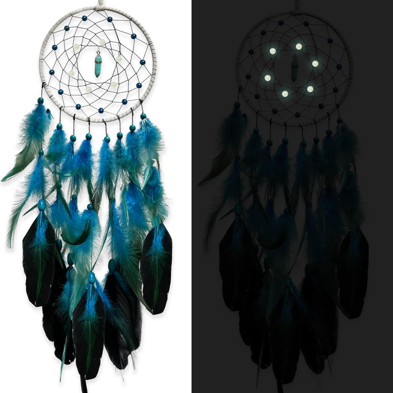 DeiryuRay Blue Dream Catchers Glow in The Dark Turquoise Gem Dreamcatcher for Boys Girls Kids Bedroom Handmade Decor Wall Hanging - Image 1
