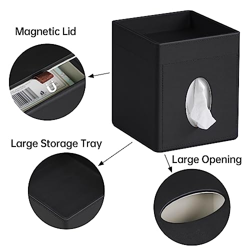 Cretkhp Tissue Box Cover, PU Leather Square Tissue Box Holder with Storage Tray for Bathroom Vanity Countertop Night Stands Bedroom Office Desk, Stylish Tissue Holder Decorative Organizer (Black) - Image 3