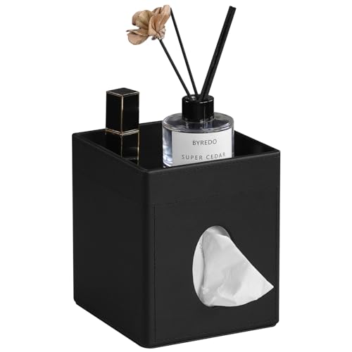 Cretkhp Tissue Box Cover, PU Leather Square Tissue Box Holder with Storage Tray for Bathroom Vanity Countertop Night Stands Bedroom Office Desk, Stylish Tissue Holder Decorative Organizer (Black) - Image 1