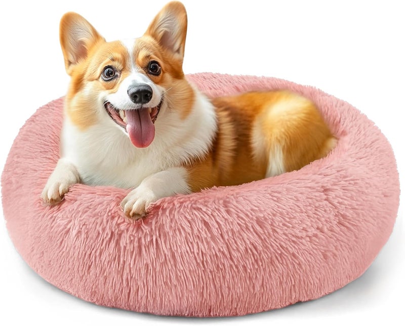 Hoewina 28in Large Dog Bed, Medium Size Dog and Cats, Calming Donut Bed for Puppy and Kitten, Washable Round Fluffy Pet Bed (Pink) - Image 1