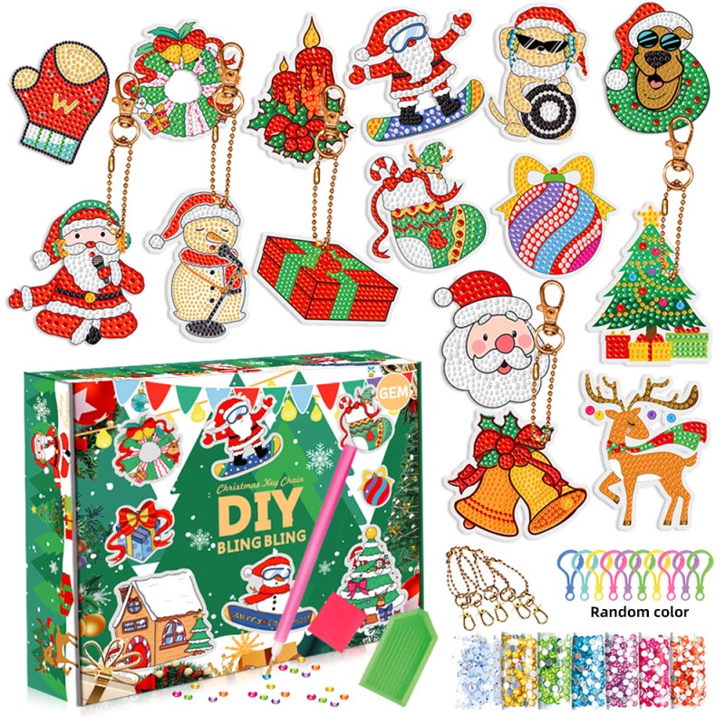 Diamond Paint Keychain Kit 15 Pcs Multicolor Christmas Patterns Premium Eco-Friendly Resin Diamonds Sturdy Acrylic Boards - Handmade Craft for Christmas Decoration Leisure Gift