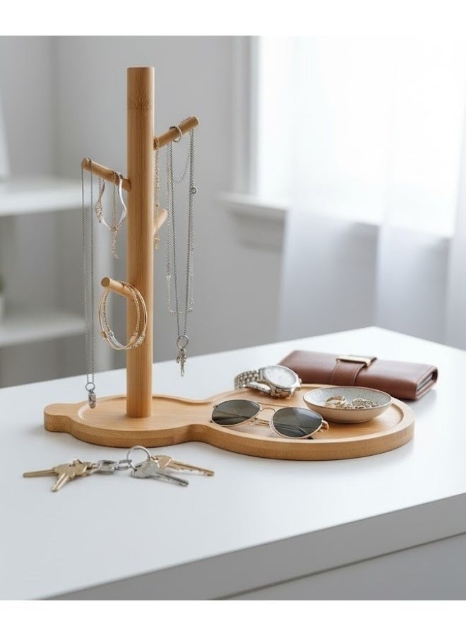 Happy Home Natural Bamboo Key Storage Tray with Elegant Tree Branch Design – Japanese-Style Decorative Base with Metal Holder Featuring Four Branch Hooks for Hanging Keys, Jewelry, Watches, and Accessories – Multipurpose Entryway Organizer for Home, Office, Living Room, and Bedroom - Image 3