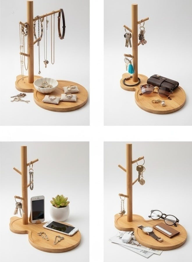 Happy Home Natural Bamboo Key Storage Tray with Elegant Tree Branch Design – Japanese-Style Decorative Base with Metal Holder Featuring Four Branch Hooks for Hanging Keys, Jewelry, Watches, and Accessories – Multipurpose Entryway Organizer for Home, Office, Living Room, and Bedroom - Image 4