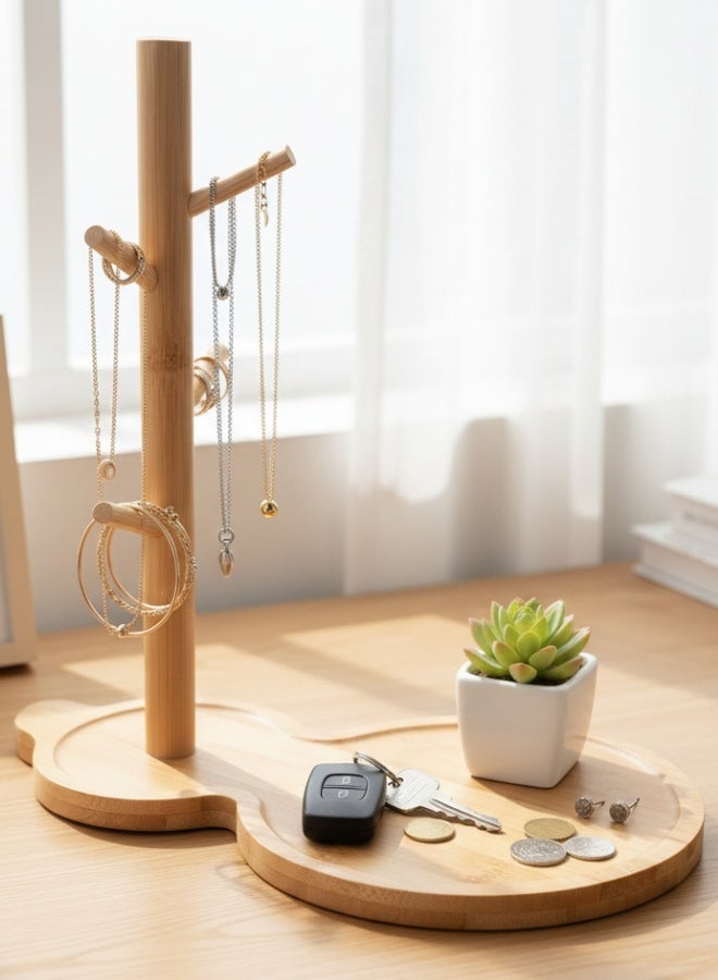 Happy Home Natural Bamboo Key Storage Tray with Elegant Tree Branch Design – Japanese-Style Decorative Base with Metal Holder Featuring Four Branch Hooks for Hanging Keys, Jewelry, Watches, and Accessories – Multipurpose Entryway Organizer for Home, Office, Living Room, and Bedroom - Image 1