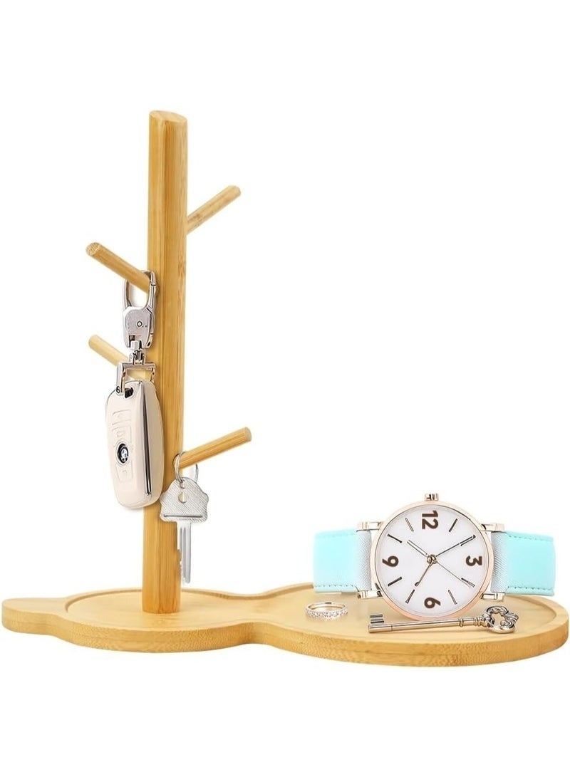 Happy Home Natural Bamboo Key Storage Tray with Elegant Tree Branch Design – Japanese-Style Decorative Base with Metal Holder Featuring Four Branch Hooks for Hanging Keys, Jewelry, Watches, and Accessories – Multipurpose Entryway Organizer for Home, Office, Living Room, and Bedroom - Image 5